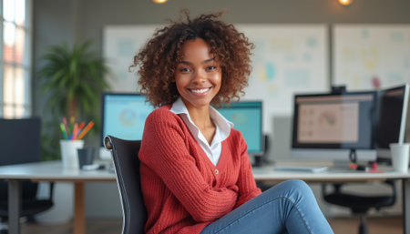 A cheerful young Black woman with curly hair sits confidently in a stylish office, radiating positivity and professionalism. Her warm smile and cozy sweater create an inviting atmosphere, perfect for inspiring creativity and collaborationの素材
