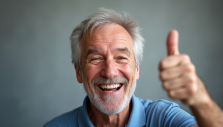 A cheerful elderly man with a gray beard beams with happiness, giving a thumbs up against a soft gray background. His warm smile radiates positivity and encouragement, inviting others to share in his joyの素材