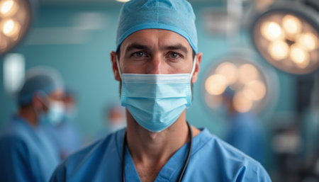 A focused male surgeon, dressed in blue scrubs and a surgical mask, stands confidently in an operating room. His determined expression reflects the dedication and skill required in the medical field, surrounded by fellow healthcare professionalsの素材