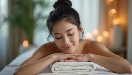 A serene woman with long dark hair rests peacefully on a soft towel, embodying tranquility in a calming spa environment. The warm glow of ambient lights enhances the soothing atmosphere, inviting relaxation and self-careの素材