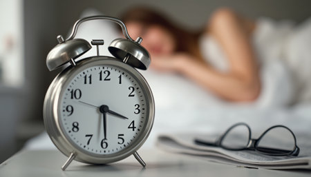 A classic silver alarm clock sits prominently in the foreground, while a woman peacefully sleeps in the blurred background. This image captures the essence of morning routines, highlighting the contrast between the urgency of time and the tranquility of restの素材