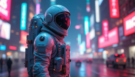 An astronaut in a sleek space suit stands confidently amidst a vibrant, neon-lit urban landscape, blending the realms of space and modernity. This striking image evokes a sense of adventure and exploration, inviting viewers to imagine the possibilities of life beyond Earthの素材