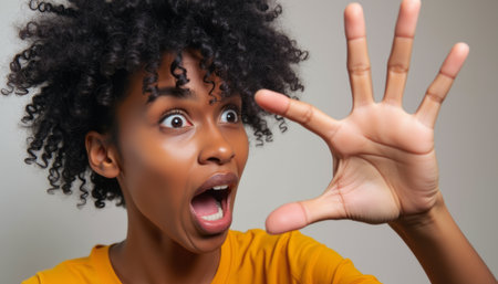 A young Black woman with curly hair displays a look of astonishment, her mouth agape and hand raised in a gesture of surprise. This vibrant image captures the essence of unexpected moments, inviting viewers to share in her emotional reactionの素材