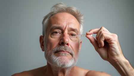 A distinguished elderly man with silver hair gently applies a serum dropper to his skin, embodying self-care and rejuvenation. This intimate moment highlights the importance of skincare and wellness in the golden years, showcasing confidence and vitalityの素材