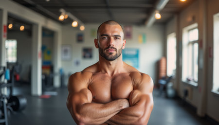 A strong, muscular man stands confidently with his arms crossed in a modern gym setting, exuding strength and determination. The well-lit environment highlights his impressive physique, inspiring motivation and dedication to fitnessの素材