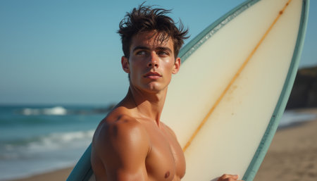 A fit young man stands on the beach, holding a surfboard and gazing thoughtfully at the waves. His sun-kissed skin and tousled hair reflect the carefree spirit of summer and adventure by the seaの素材
