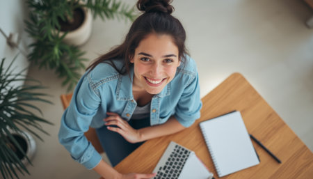 A bright and cheerful young woman with long dark hair smiles warmly as she sits at a wooden desk, surrounded by plants. Her joyful expression and casual attire create a relaxed atmosphere, perfect for productivity and creativityの素材