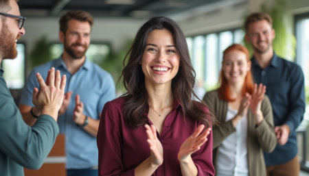 A joyful woman stands at the forefront, beaming with happiness as her colleagues applaud her achievements in a bright, modern office. This uplifting moment captures the essence of teamwork and celebration, showcasing camaraderie and support among peersの素材