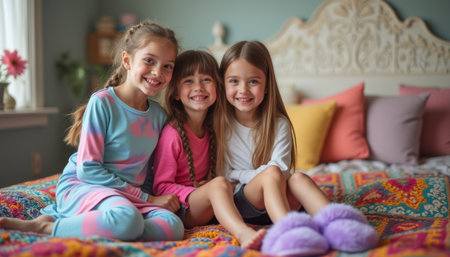 Three joyful girls, dressed in cozy pajamas, sit together on a vibrant, patterned bedspread, radiating happiness and friendship. Their playful expressions and warm camaraderie create a delightful atmosphere, perfect for capturing the essence of childhood joy and connectionの素材