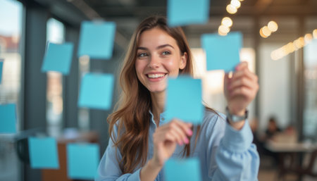 A cheerful young woman with long hair joyfully arranges blue sticky notes on a glass wall in a modern office space. Her vibrant smile radiates positivity and creativity, embodying the spirit of collaboration and innovationの素材
