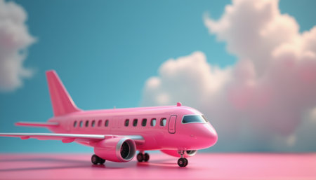 A delightful pink toy airplane sits on a pastel surface, surrounded by fluffy clouds in a serene blue sky. This whimsical scene sparks imagination and adventure, inviting viewers to dream of travel and explorationの素材