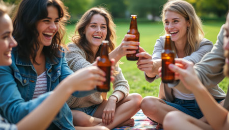 A joyful group of young women raises their bottles in a cheerful toast, surrounded by lush greenery and a vibrant picnic setting. This lively scene captures the essence of camaraderie and celebration, evoking feelings of happiness and connection among friendsの素材