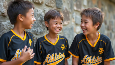 Three cheerful boys, dressed in matching black athletic jerseys, share a moment of pure joy against a rustic stone wall. Their infectious smiles and camaraderie capture the essence of friendship and youthful exuberance, making this image a celebration of teamwork and funの素材
