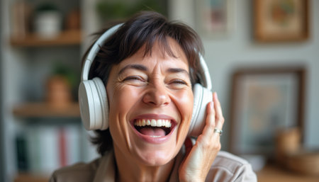 A cheerful woman with short dark hair laughs heartily while wearing white headphones, immersed in her favorite tunes. Her radiant smile and relaxed demeanor create a vibrant atmosphere of happiness and connection to musicの素材