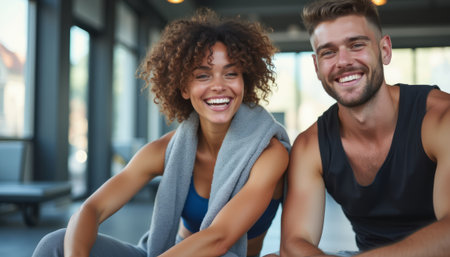 A cheerful woman with curly hair and a smiling man sit together in a bright gym, radiating positivity and camaraderie. Their vibrant energy and relaxed poses capture the essence of friendship and a healthy lifestyleの素材