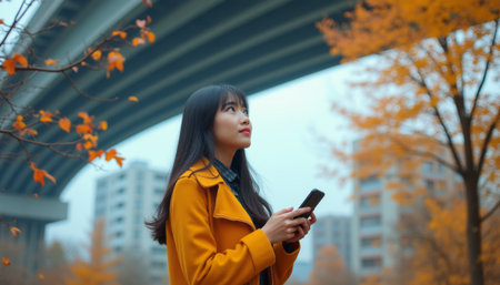 A thoughtful young Asian woman in a vibrant yellow coat stands beneath a modern bridge, captivated by her smartphone. Surrounded by golden autumn leaves, she embodies the blend of nature and technology, reflecting a moment of curiosity and connectionの素材