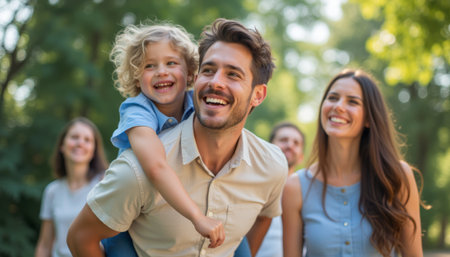 A cheerful family smiles brightly as they stroll through a sunlit park, with a young boy joyfully riding on his fathers back. This heartwarming scene captures the essence of love, laughter, and togetherness in a beautiful natural settingの素材