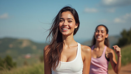 Two cheerful women, one in a white tank top and the other in pink, share smiles while jogging in a picturesque landscape. Their vibrant energy and laughter radiate happiness, embodying the spirit of friendship and fitness in natureの素材