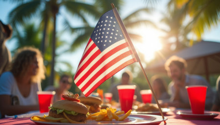 An inviting scene captures a vibrant outdoor barbecue with delicious burgers and fries, highlighted by a waving American flag. This lively atmosphere radiates joy and celebration, perfect for summer gatherings and patriotic festivitiesの素材