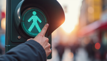 A hand gently presses the green pedestrian signal, illuminating the path for safe crossing as the sun sets in the background. This image captures the essence of urban life, highlighting the importance of safety and community in bustling city streetsの素材