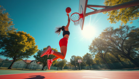 A spirited young woman leaps high into the air, basketball in hand, ready to slam dunk against a bright blue sky. The vibrant colors of the court and the sunlit trees create an exhilarating atmosphere of athleticism and joyの素材