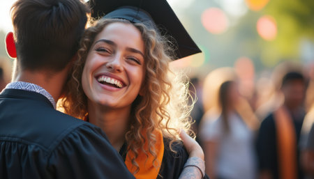 A radiant young woman with curly hair beams with joy as she embraces a fellow graduate, celebrating their achievement. The vibrant atmosphere is filled with happiness and camaraderie, marking a significant milestone in their livesの素材