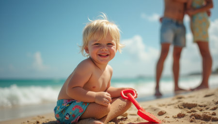 A cheerful toddler with blonde hair sits on the sandy beach, grinning widely while holding a red shovel. In the background, a couple shares a loving moment, creating a perfect family beach day atmosphereの素材
