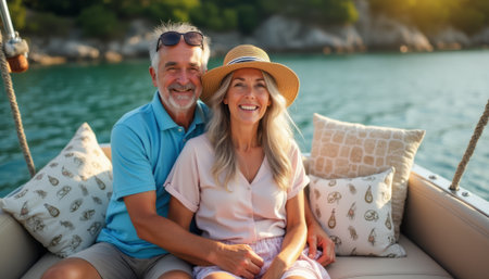 A joyful elderly couple smiles brightly while relaxing on a boat, surrounded by serene waters and lush greenery. Their warm expressions radiate love and companionship, capturing the essence of cherished moments togetherの素材
