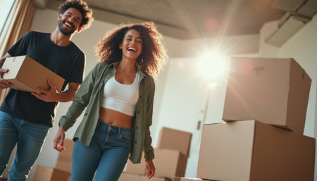 A joyful couple, a man and a woman, carry cardboard boxes while smiling brightly in a sunlit room filled with moving boxes. Their laughter and excitement create a warm atmosphere, symbolizing new beginnings and shared adventuresの素材