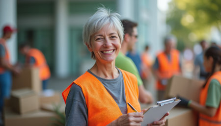 A smiling older woman in an orange safety vest holds a clipboard, radiating positivity as she supervises a bustling community event. Her enthusiasm and leadership shine through, inspiring teamwork and collaboration among volunteersの素材