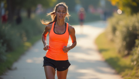 A focused woman in a bright orange tank top runs energetically along a sunlit path, embodying strength and vitality. Her dedication to fitness shines through as she navigates the serene surroundings, inspiring others to embrace an active lifestyleの素材