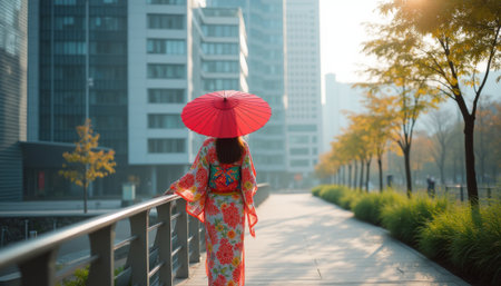 A graceful woman in a vibrant floral kimono strolls along a modern city pathway, holding a striking red parasol. The scene beautifully blends tradition and contemporary life, evoking a sense of serenity and cultural richnessの素材