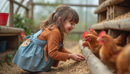 A cheerful young girl crouches down, delighting in the company of friendly chickens in a rustic farm environment. This heartwarming scene captures the innocence of childhood and the joy of connecting with nature and animalsの素材