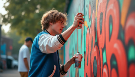 A passionate young man with tousled hair is spray painting a vivid mural, showcasing his creativity and artistic flair. The lively colors and dynamic patterns reflect the energy of urban art, inviting viewers to appreciate the beauty of self-expressionの素材