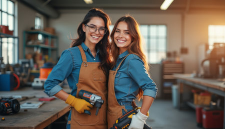 In a bright workshop filled with tools and equipment, two cheerful women pose confidently, showcasing their skills and camaraderie. Their vibrant smiles and matching outfits radiate empowerment and teamwork in a creative environmentの素材