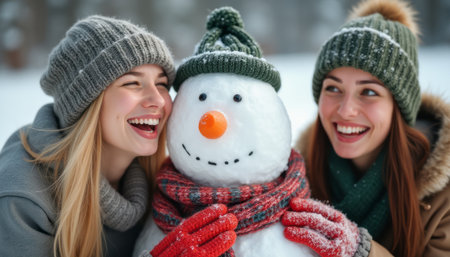 Two cheerful women, one blonde and one redhead, are playfully posing with a snowman, radiating warmth and happiness in a snowy landscape. Their colorful winter hats and scarves add a festive touch to this delightful scene, capturing the essence of friendship and winter funの素材