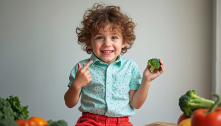 A joyful young boy with curly hair beams as he holds a piece of broccoli, surrounded by fresh vegetables. His playful expression and vibrant outfit create a lively atmosphere, promoting healthy eating and fun in the kitchenの素材