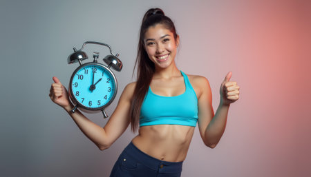 A fit young woman in a turquoise sports top smiles brightly while holding a clock, symbolizing the importance of time management. Her energetic pose and thumbs-up gesture radiate positivity and motivation, inspiring viewers to embrace productivityの素材
