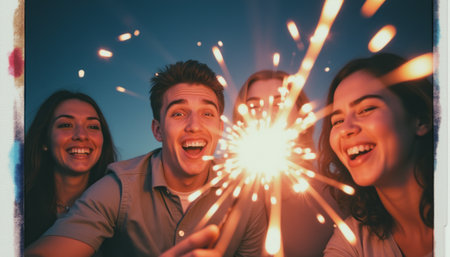 A group of four friends, two men and two women, radiate happiness as they hold sparklers, illuminating their faces against a twilight sky. This vibrant moment captures the essence of celebration, friendship, and the magic of shared experiencesの素材
