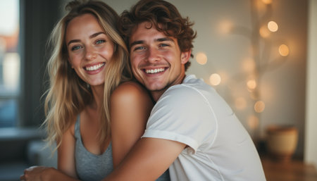 A happy young couple smiles brightly while embracing each other, radiating love and connection in a cozy, softly lit environment. Their genuine expressions capture the essence of joy and companionship, inviting viewers to feel the warmth of their bondの素材