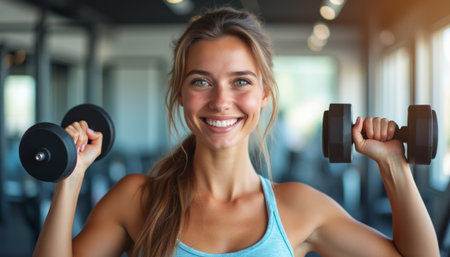 A cheerful young woman confidently lifts dumbbells in a modern gym, radiating positivity and strength. Her vibrant smile and determined spirit inspire a healthy lifestyle and fitness journeyの素材