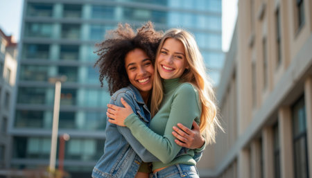 In a vibrant cityscape, two diverse women share a warm embrace, radiating happiness and friendship. Their genuine smiles and close bond highlight the beauty of connection and support in a bustling environmentの素材