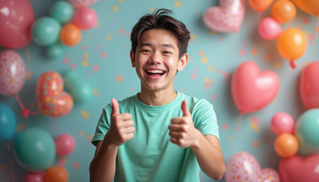 A joyful teenage boy with short hair smiles brightly while giving two thumbs up against a backdrop of colorful balloons and hearts. This vibrant scene radiates positivity and celebration, perfect for conveying happiness and youthful energyの素材