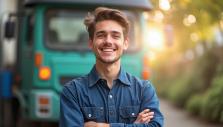 A vibrant young man with a charming smile stands confidently with crossed arms in front of a truck, radiating positivity. The warm sunlight enhances the scene, creating an inviting atmosphere that embodies joy and determinationの素材