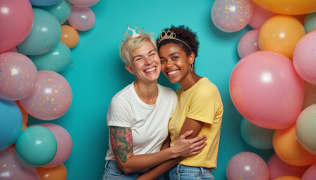 Two smiling women, one with short blonde hair and the other with curly dark hair, embrace joyfully in front of a vibrant balloon backdrop. Their laughter and festive crowns radiate happiness, capturing the essence of friendship and celebrationの素材