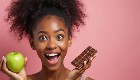 A cheerful young Black woman with curly hair beams as she holds a shiny green apple in one hand and a chocolate bar in the other. This delightful image captures the playful contrast between healthy choices and indulgence, celebrating the joy of foodの素材