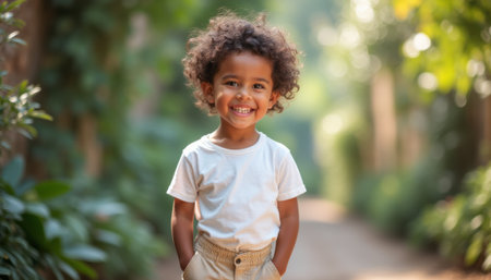 A cheerful young boy with curly hair beams with happiness, standing confidently in a vibrant garden. His playful spirit and bright smile radiate joy, inviting everyone to share in his delightの素材