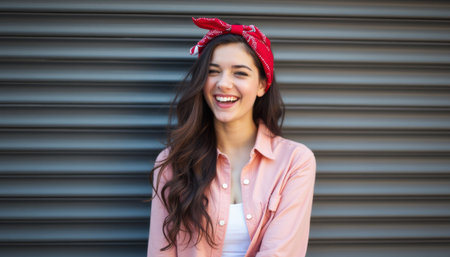 A cheerful young woman with long, flowing hair and a vibrant red bandana beams with happiness against a textured gray backdrop. Her infectious smile radiates warmth and positivity, inviting viewers to share in her joyful momentの素材
