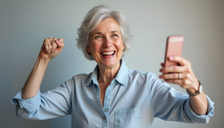 An exuberant elderly woman with silver hair beams with joy as she holds her smartphone, capturing a moment of triumph. Her vibrant smile and raised fist convey a sense of victory and happiness, inviting viewers to share in her delightful experienceの素材
