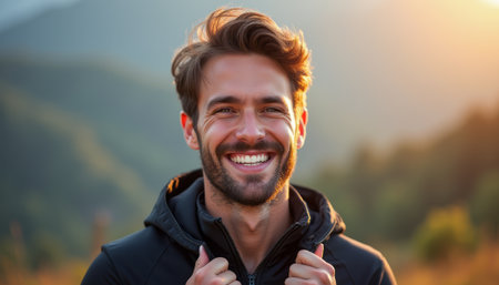 A cheerful young man with a stylish haircut beams with joy against a stunning sunset backdrop in the mountains. His infectious smile radiates positivity, inviting viewers to share in the beauty of the momentの素材